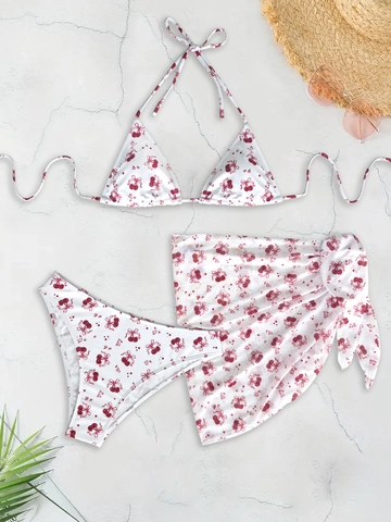 Set Bikini da Donna con Stampa Ciliegia e Fiocchi con Top all Allacciatura al Collo Slip a Triangolo e Gonna Sarong