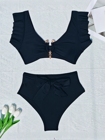 Sexy Schwarzes Bikini Top Und Hose Mit Rüschen Gold Metall Akzenten High Waist Badeanzug Beachwear Für Damen Urlaub