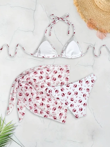 Set Bikini da Donna con Stampa Ciliegia e Fiocchi con Top all Allacciatura al Collo Slip a Triangolo e Gonna Sarong