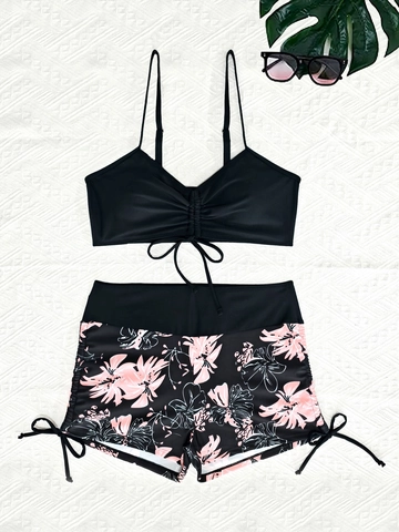 Costume da Bagno Due Pezzi Donna Sexy Halter Bikini Set Floreale con Arricciatura e Lacci Spiaggia Vita Alta Shorts