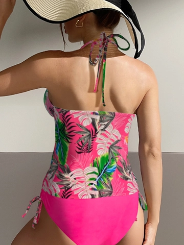 Dames Tankini Met Tropische Print Halternek Rugloos Polyester Spandex Badpak Met Zijstrik Roze Badmode