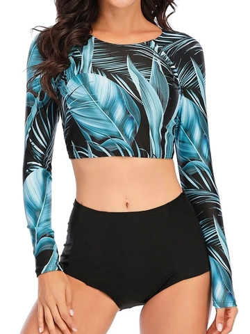 Women Long Sleeve Rash Guard Swimsuit Tropical Palm Leaf Print Two Piece Bathing Suit High Waisted Bottom Top And Pants