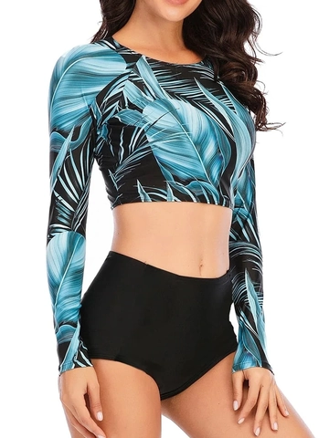 Women Long Sleeve Rash Guard Swimsuit Tropical Palm Leaf Print Two Piece Bathing Suit High Waisted Bottom Top And Pants