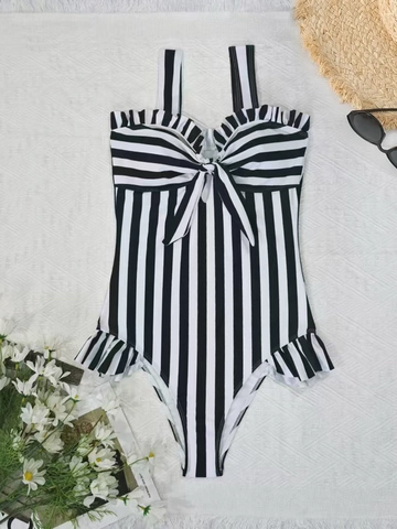 Costume da Bagno Intero a Strisce da Donna con Volant Fiocco in Vita Snellente Poliestere Spiaggia Vacanza Costume