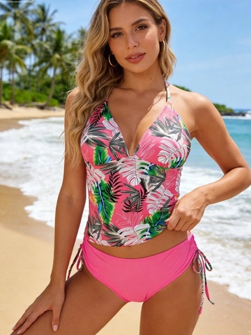 Dames Tankini Met Tropische Print Halternek Rugloos Polyester Spandex Badpak Met Zijstrik Roze Badmode