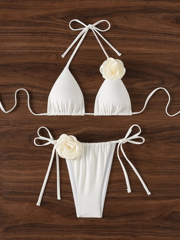 Women Sexy 3D Rose Flower Bikini Set Halter Triangle Cup Side Tie Swimsuit Solid Color Beach Vacation Bathing Suit