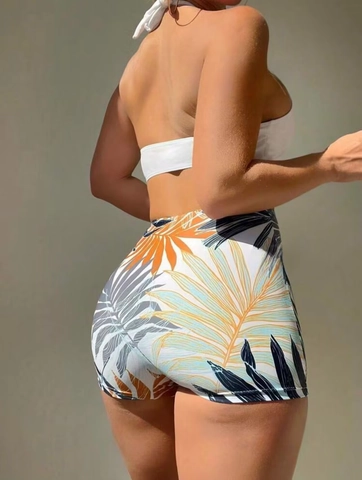 Women Sexy Halter Bikini Set White Top Tropical Palm Leaf Print Bottom Metal Ring Two Piece Swimsuit Beach Bathing Suit