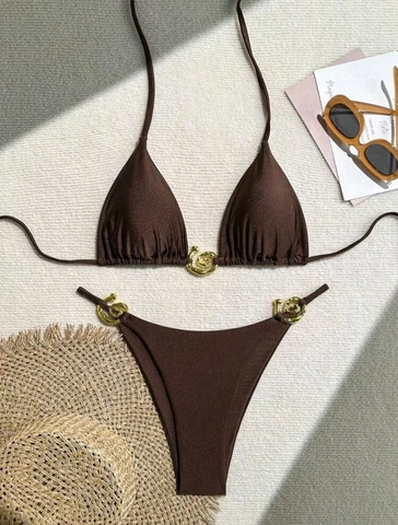 Women Sexy Halter Neck Bikini Top And Briefs Metal Buckle Decoration High Cut Solid Color Beachwear Swimsuit