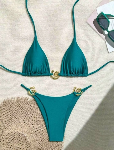 Women Sexy Halter Neck Bikini Top And Briefs Metal Buckle Decoration High Cut Solid Color Beachwear Swimsuit