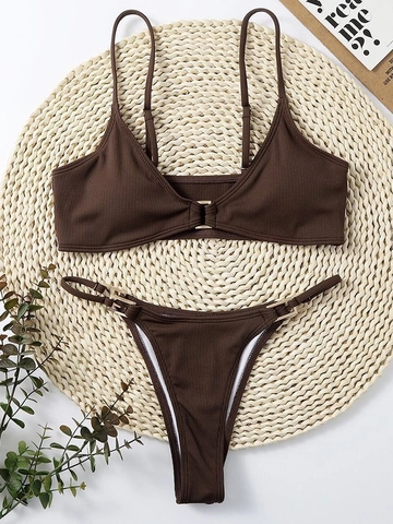Women Sexy Ribbed Bikini Swimsuit With Gold Metal Buckle Solid Color Adjustable Strap Beachwear Bathing Suit