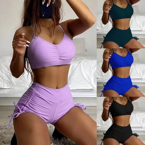Women Sexy Solid Color Bikini Ruched Camisole Top And High Waist Drawstring Boyshort Bottom Two Piece Bathing Suit Swimwear