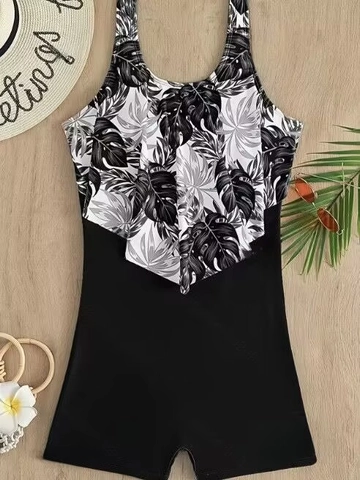 Women One Piece Swimsuit Black White Tropical Leaf Print Ruffle Swimwear Conservative Boyshort Bathing Suit Beachwear