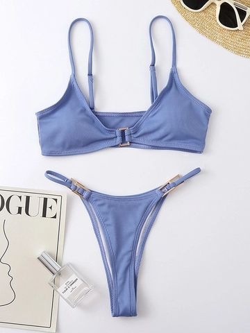 Women Sexy Ribbed Bikini Swimsuit With Gold Metal Buckle Solid Color Adjustable Strap Beachwear Bathing Suit