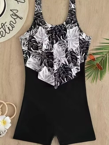 Women One Piece Swimsuit Black White Tropical Leaf Print Ruffle Swimwear Conservative Boyshort Bathing Suit Beachwear
