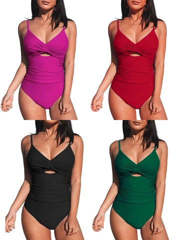 Damen Raffung Einteiliger Badeanzug Twist Vorne Cut Out Rückenfrei Spaghetti Träger Schlankmachend Monokini Für Strand Urlaub
