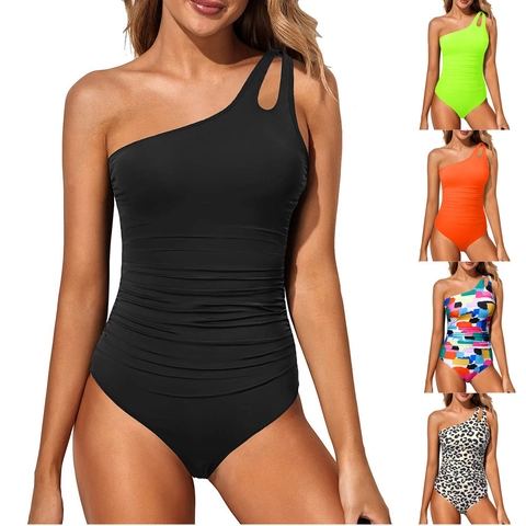 Women One Shoulder Ruched One Piece Swimsuit Tummy Control Cutout Monokini Solid Leopard Printed Bathing Suit Swimwear