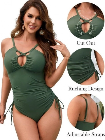 Women Sexy One Piece Swimsuit Ruched Hollow Out Monokini Halter Adjustable Straps Solid Color Beachwear Bathing Suit