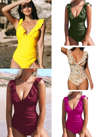 Women One Piece Swimsuit Ruffle Shoulder Deep V Neck Ruched Tummy Control Floral Solid Color Swimwear Bathing Suit Beachwear