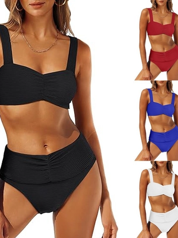 Women Ribbed High Waisted Bikini Top And Bottoms Sexy Ruched Tummy Control Swimsuit Square Neck Bathing Suit Swimwear