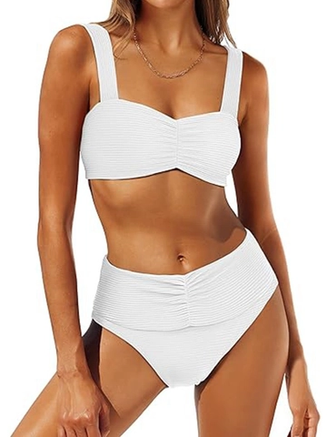 Women Ribbed High Waisted Bikini Top And Bottoms Sexy Ruched Tummy Control Swimsuit Square Neck Bathing Suit Swimwear