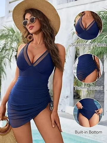 Women's One Piece Swimsuit Mesh Patchwork V Neck Tummy Control Ruched Bathing Suit Slim Beach Vacation Fashion Swimwear