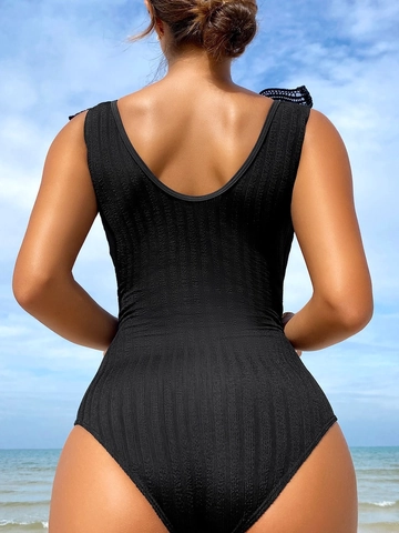 Women Black One Piece Swimsuit Ruffle Lace Flutter Sleeve Ribbed Deep V-Neck Backless Monokini Beachwear Bathing Suit