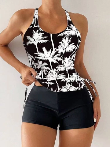 Damen Konservativer Zweiteiler Badeanzug Kokospalmen-Druck Tankini Oberteil Mit Boy-Leg Shorts Überkreuzter Rücken Sommer Strand Bademode