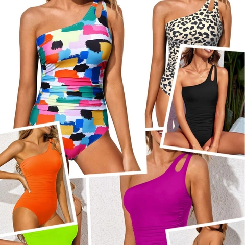 Women One Shoulder Ruched One Piece Swimsuit Tummy Control Cutout Monokini Solid Leopard Printed Bathing Suit Swimwear