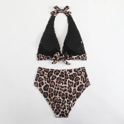 Women's Sexy Leopard Print Bikini Set Halter High Waisted Top And Bottoms Swimsuit Beachwear Padded Swimwear For Vacation