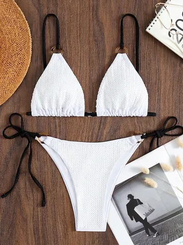 Women Sexy Sequin Halter Bikini Set Two Piece Swimsuit With Tortoiseshell Ring Detail White Sparkle Beachwear Bathing Suit