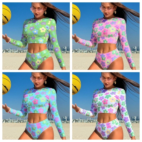Women Floral Print Long Sleeve Two Piece Swimsuit High Waist Rash Guard Surfing Diving Suit Beachwear Split Bathing Suit