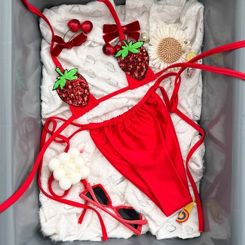 Women Sexy Red Bikini Set With Sequin Strawberry Patch Halter Neck Backless Two Piece Swimsuit Beach Bathing Suit Vacation
