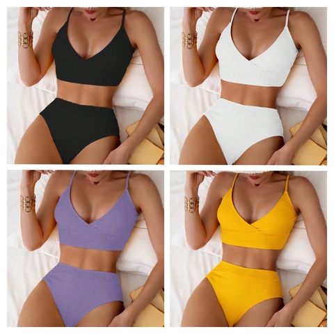 Women Ribbed V Neck Bikini Top And High Waist Bottom Two Piece Swimsuit Adjustable Spaghetti Straps Beach Swimwear