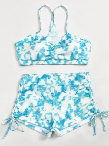 Costume da Bagno Due Pezzi Donna Tie Dye a Costine Vita Alta Coulisse Boyshorts Top Camisole Imbottito Senza Ferretto
