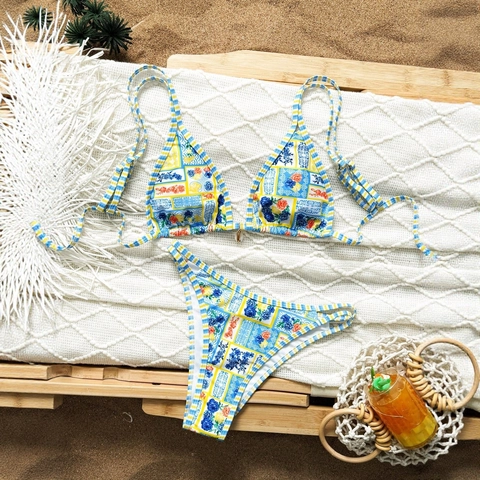 Women Halter Triangle Bikini Top And High Cut Bottom Multi Color Floral Geometric Print Swimsuit With Shell Pendant Decor