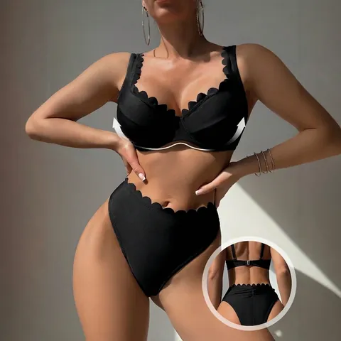 Women Scalloped Edge Bikini High Waisted Push Up Swimsuit Underwire Support Large Bust Black Beachwear Swim Bathing Suit