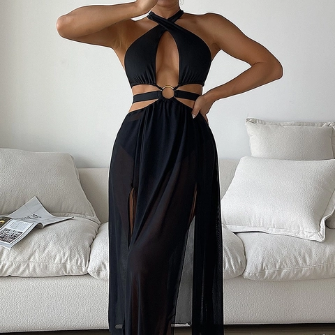 Haut et Bas de Bikini Noir Dos Nu pour Femmes Avec Jupe en Maille Transparente Fente Haute Anneau d'Or Maillot de Bain Sexy