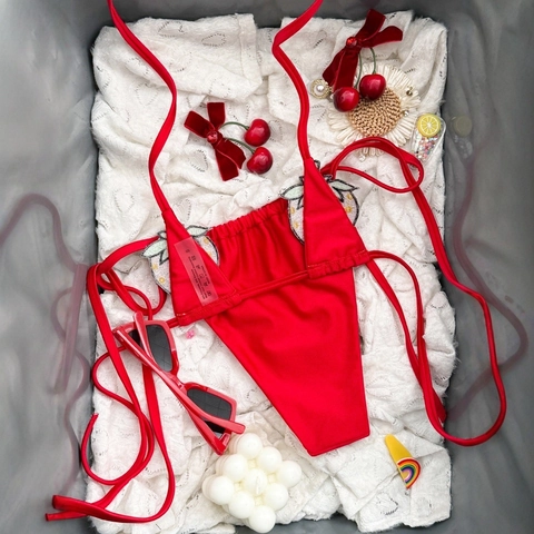 Women Sexy Red Bikini Set With Sequin Strawberry Patch Halter Neck Backless Two Piece Swimsuit Beach Bathing Suit Vacation
