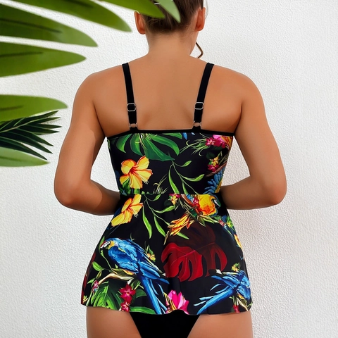 Women Tropical Parrot Print Tankini Swimdress Ruffle Swimsuit Top And Bottom Conservative Bathing Suit For Beach Vacation
