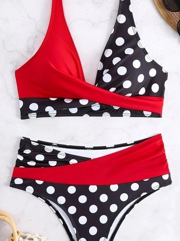 Bikini da Donna Retro a Pois Rosso Nero Patchwork Top Incrociato Imbottito Costume da Bagno a Due Pezzi a Vita Alta