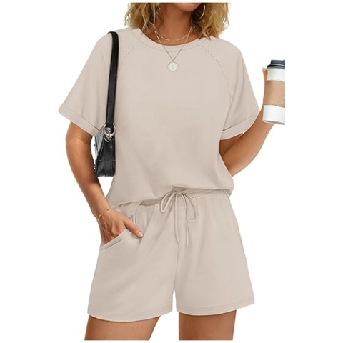 Women Casual Polyester Solid Color Round Neck Short Sleeve Top And Drawstring Shorts Summer Loungewear Outfit