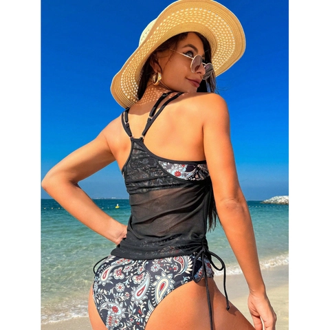 Women Sexy Paisley Print Swimsuit Set Bikini Top And Bottom And Mesh Cover-Up Three Pieces Beachwear Bathing Suit