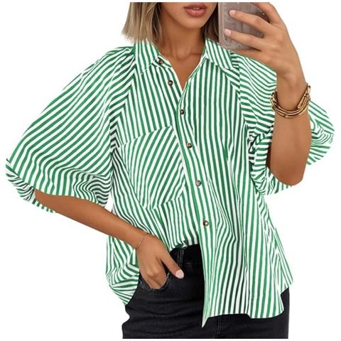 Dames Casual Gestreepte Blouse Met Knopen Reverskraag Pofmouw Losse Top Met Zak Mode Zomer Streetwear