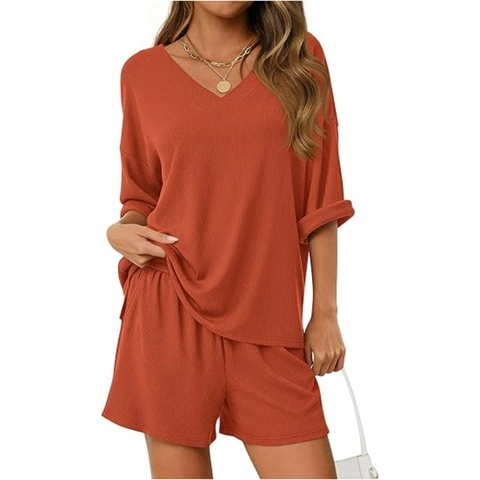 Women Casual V-neck Short Sleeve Top And Bottom Ribbed Knit Loose Summer Shorts Loungewear Polyester Spandex