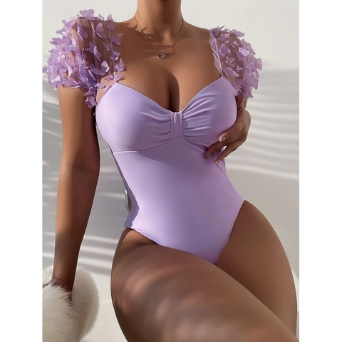 Bañador de Una Pieza Sexy para Mujer con Apliques de Mariposa 3D Manga Abullonada de Malla Escote Corazón Monokini