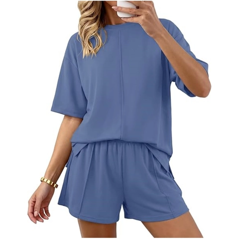 Completo da Casa Casual da Donna a Tinta Unita Girocollo Manica Corta Top e Pantaloncini Set Pigiama Estivo Comodo