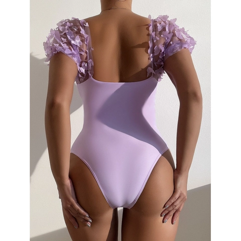 Bañador de Una Pieza Sexy para Mujer con Apliques de Mariposa 3D Manga Abullonada de Malla Escote Corazón Monokini