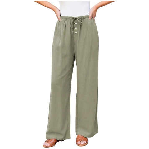 Pantalons à Jambes Larges Taille Haute pour Femmes Cordon de Serrage Sensation Coton Lin Pantalons Longs Amples Avec Boutons Poches
