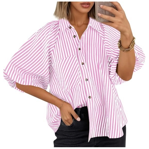 Dames Casual Gestreepte Blouse Met Knopen Reverskraag Pofmouw Losse Top Met Zak Mode Zomer Streetwear