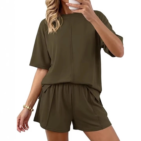 Completo da Casa Casual da Donna a Tinta Unita Girocollo Manica Corta Top e Pantaloncini Set Pigiama Estivo Comodo